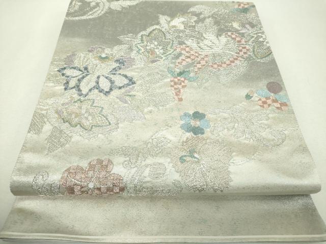 平和屋着物▼太鼓柄袋帯 総刺繍 更紗花文 金銀糸 引箔 正絹 逸品 未使用 DABG8915ps