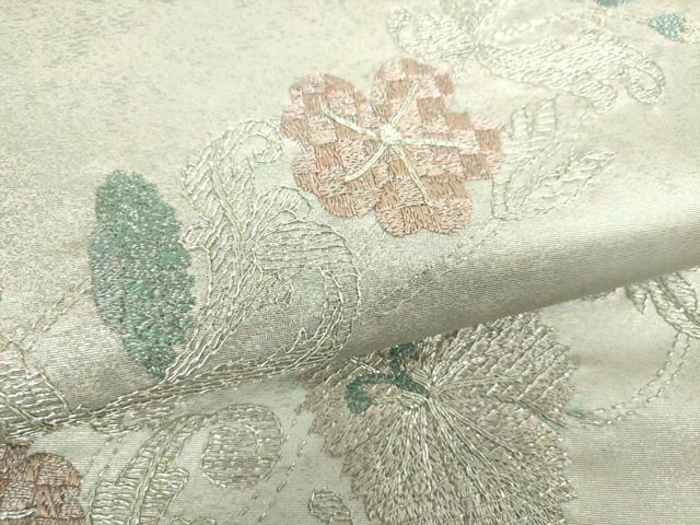 平和屋着物▼太鼓柄袋帯 総刺繍 更紗花文 金銀糸 引箔 正絹 逸品 未使用 DABG8915ps