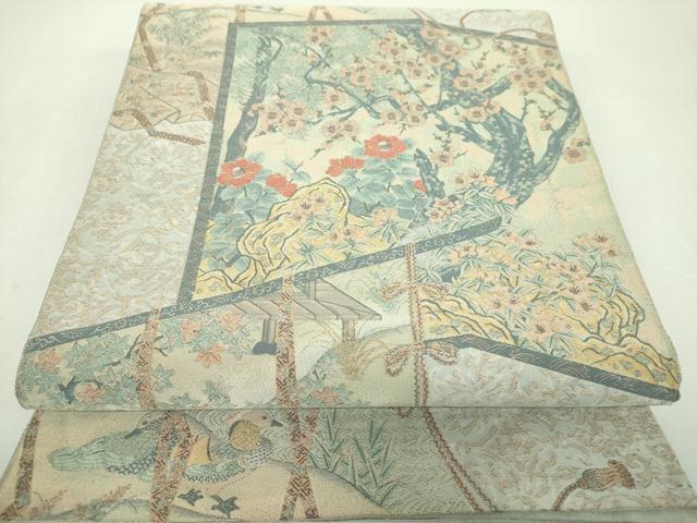平和屋着物▼山喜織物謹製 萬葉 紹巴 全通柄袋帯 花鳥屏風 正絹 逸品 DABG8916ps
