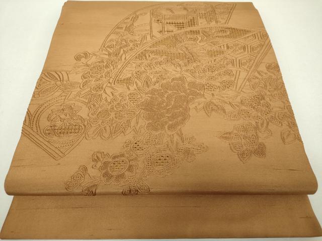 平和屋着物●中国三大刺繍 スワトウ 汕頭相良刺繍 総刺繍 九寸開き名古屋帯 紬地 地紙貝桶飛鶴花文 芝翫茶色 正絹 逸品 DABG8932ps