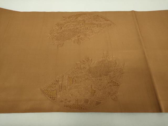 平和屋着物●中国三大刺繍 スワトウ 汕頭相良刺繍 総刺繍 九寸開き名古屋帯 紬地 地紙貝桶飛鶴花文 芝翫茶色 正絹 逸品 DABG8932ps