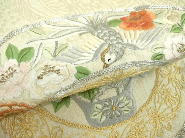 平和屋着物▼太鼓柄袋帯 駒刺繍 総刺繍 鳳凰飾花丸文 金銀糸 正絹 逸品 DABG8977ps