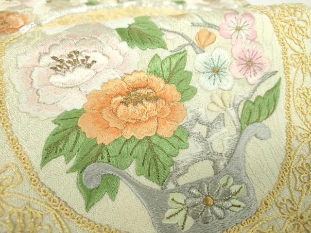 平和屋着物▼太鼓柄袋帯 駒刺繍 総刺繍 鳳凰飾花丸文 金銀糸 正絹 逸品 DABG8977ps