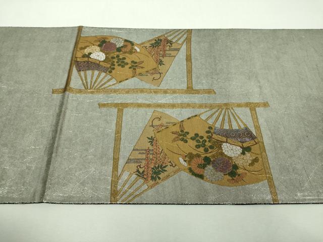 平和屋着物▼太鼓柄袋帯 螺鈿箔 流水桜 扇面花文 金銀彩 正絹 逸品 DABG8994ps
