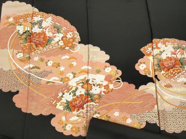 平和屋着物▼黒留袖 解き反物 着尺 駒刺繍 檜扇花松文 金彩 逸品 DABG9094we