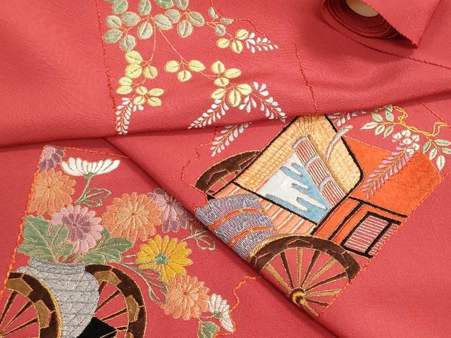 平和屋着物▼羽織・コート 反物 羽尺 駒刺繍 総刺繍 御所車花文 金銀糸 逸品 未使用 DABG9140we