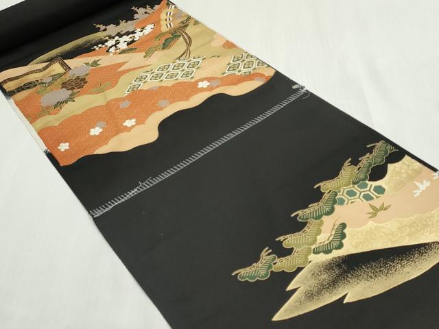 平和屋着物▼黒留袖 解き反物 着尺 駒刺繍 御所車吉祥花文 金彩 逸品 DABG9201we