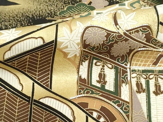 平和屋着物▼黒留袖 解き反物 着尺 駒刺繍 御所車吉祥花文 金彩 逸品 DABG9201we