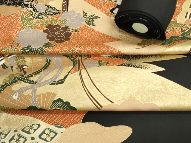 平和屋着物▼黒留袖 解き反物 着尺 駒刺繍 御所車吉祥花文 金彩 逸品 DABG9201we