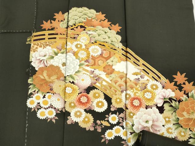 平和屋着物▼黒留袖 解き反物 着尺 駒刺繍 渡橋吉祥花松文 金彩 逸品 DABG9210we