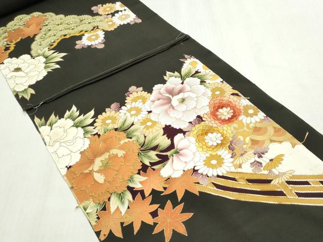 平和屋着物▼黒留袖 解き反物 着尺 駒刺繍 渡橋吉祥花松文 金彩 逸品 DABG9210we