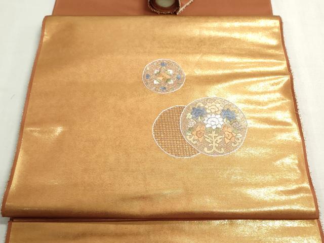平和屋着物▼名古屋帯 帯反物 総刺繍 花丸文 金糸 逸品 未使用 DABG9293we