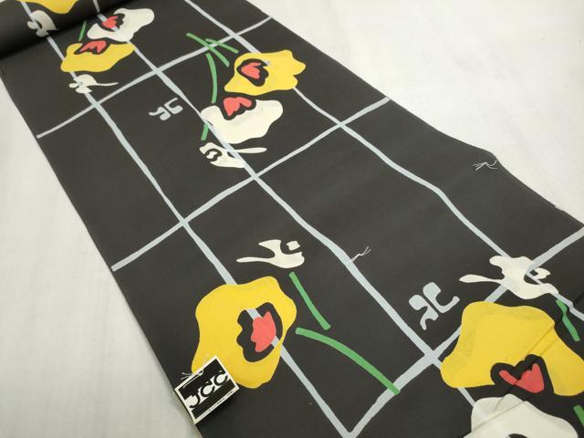 平和屋着物*夏物 浴衣 反物 着尺 Courreges クレージュ 注染 草花文 黒地 綿 逸品 未使用 DABG9461we
