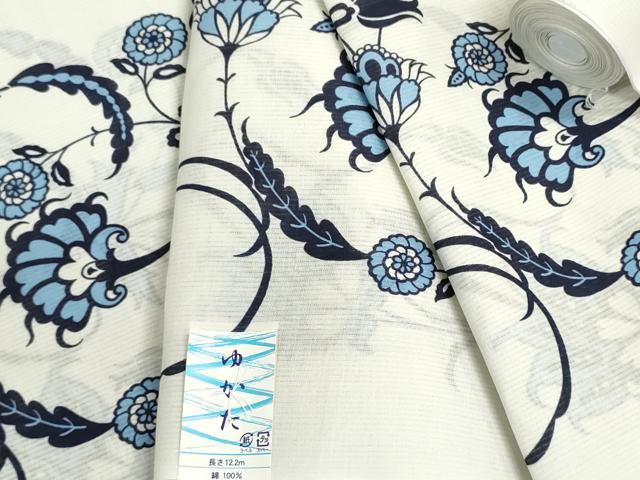 平和屋着物*夏物 浴衣 反物 着尺 綿絽 縦絽 更紗花文 クインサイズ 綿 逸品 未使用 DABG9463we