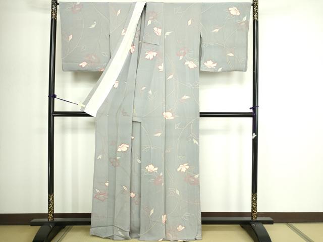 平和屋着物▽上質な小紋 単衣 枝花文 金彩 鬼しぼ縮緬 正絹 逸品 DABG9725sf