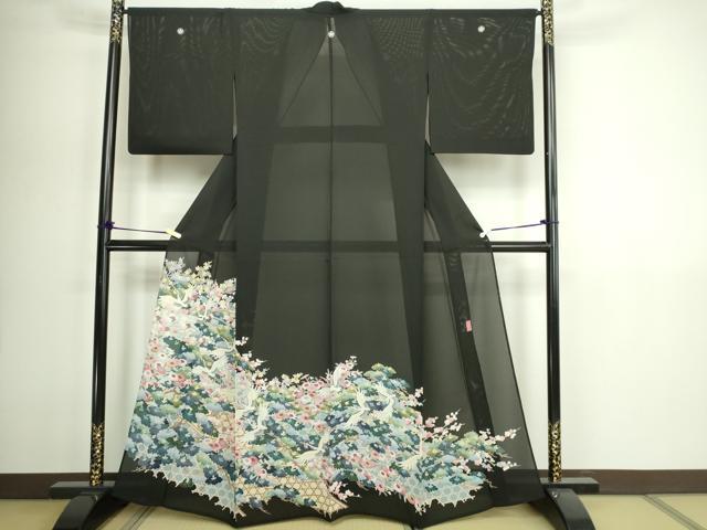 平和屋着物*夏物 黒留袖 友禅 作家物 絽 飛鶴花文 正絹 逸品 DABG9801sf