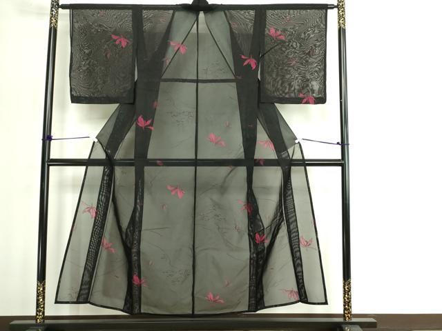 平和屋着物*夏物 小紋 紗 舞葉文 黒地 正絹 逸品 DABG9815sf