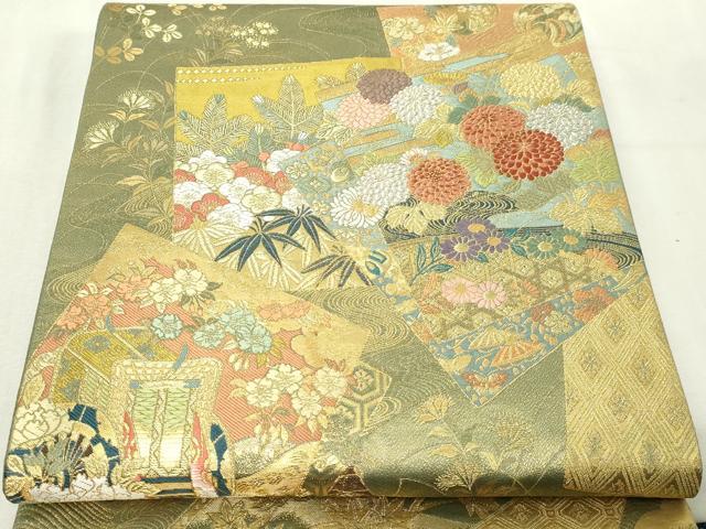 平和屋本店▼六通柄袋帯 唐織 御所車色紙花文 本金箔 正絹 逸品 DABG9887sf