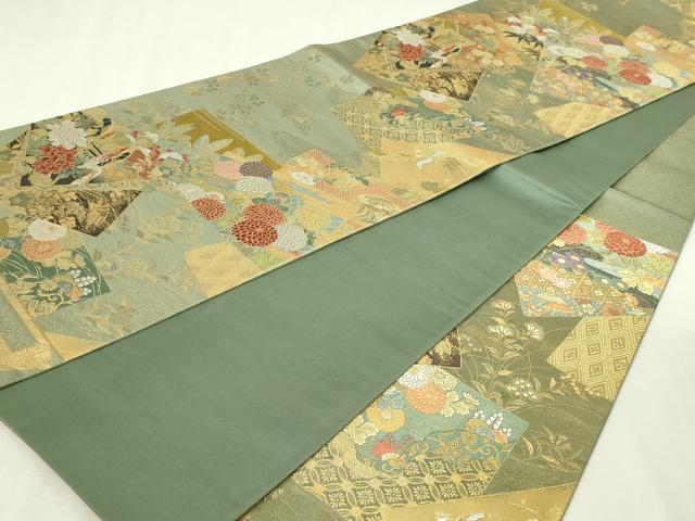 平和屋本店▼六通柄袋帯 唐織 御所車色紙花文 本金箔 正絹 逸品 DABG9887sf