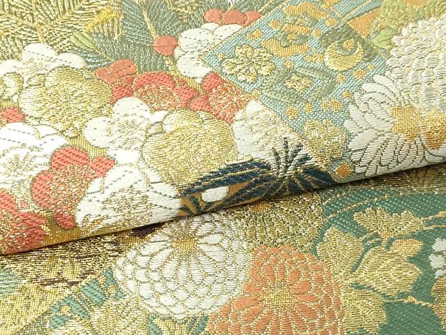 平和屋本店▼六通柄袋帯 唐織 御所車色紙花文 本金箔 正絹 逸品 DABG9887sf