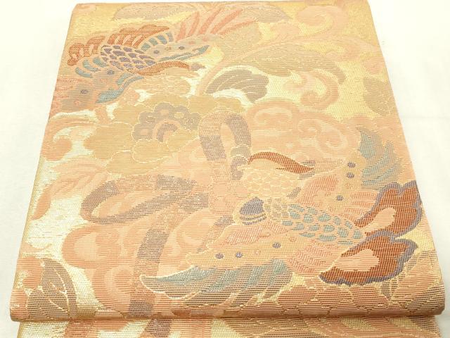 平和屋本店▼六通柄袋帯 輪奈織 手織 正倉院 更紗花鳥文 本金箔 正絹 逸品 DABG9898sf