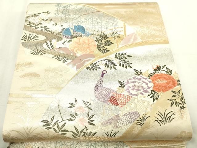 平和屋本店▼六通柄袋帯 唐織 寿花扇面文 純金箔二重織九百錦 正絹 逸品 DABG9921sf