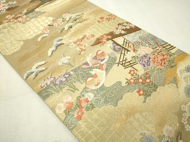 平和屋本店▼六通柄袋帯 唐織 流水花鳥文 本金箔 正絹 逸品 DABG9959sf