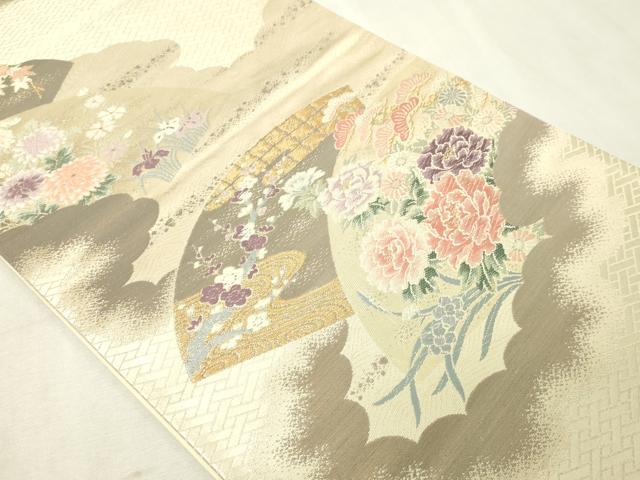 平和屋本店▼六通柄袋帯 唐織 地紙花文 弐捨四金二重織 正絹 逸品 DABG9962sf