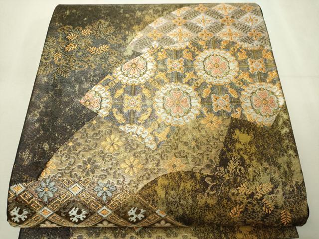 平和屋本店▼六通柄袋帯 地紙花文 本金箔 正絹 逸品 DABG9966sf