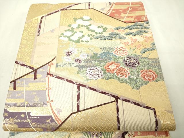 平和屋本店▼「美しいキモノ」お馴染みのメーカー となみ織物 六通柄袋帯 風景草花文 純金箔 正絹 逸品 DABG9971sf