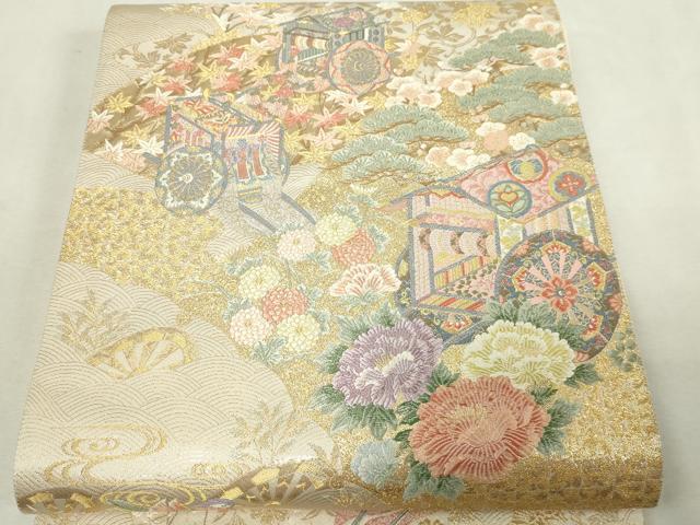 平和屋本店▼六通柄袋帯 老松御所扇文 本金箔 正絹 逸品 DABG9982sf