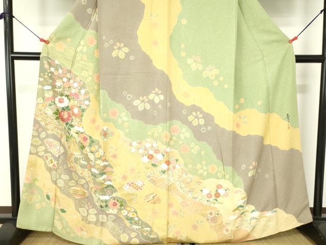 平和屋着物●京友禅の第一人者 松井青々 訪問着 駒刺繍 牡丹 道長花文 金銀彩 正絹 逸品 DABH0011op