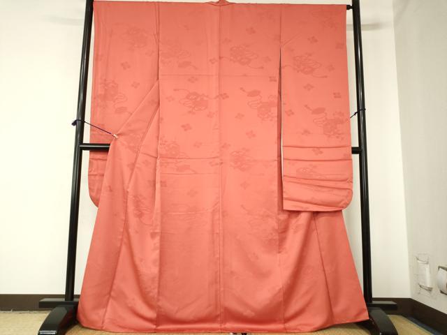 平和屋着物●振袖 貝桶花地紋 赤丹色 洗える着物 DABH0019op