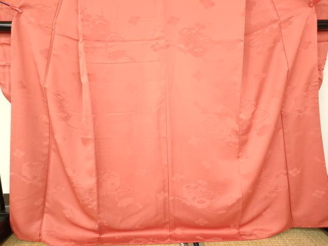 平和屋着物●振袖 貝桶花地紋 赤丹色 洗える着物 DABH0019op