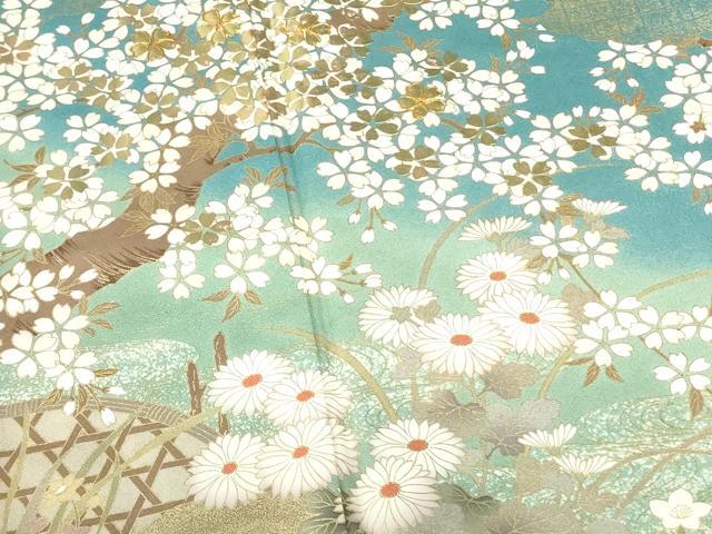 平和屋着物●訪問着 駒刺繍 枝桜 草花 暈し染め 金銀彩 正絹 逸品 DABH0067op