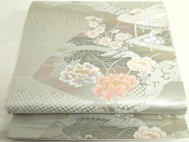 平和屋着物◎六通柄袋帯 風景花松文 金銀糸 正絹 逸品 DABH0088op