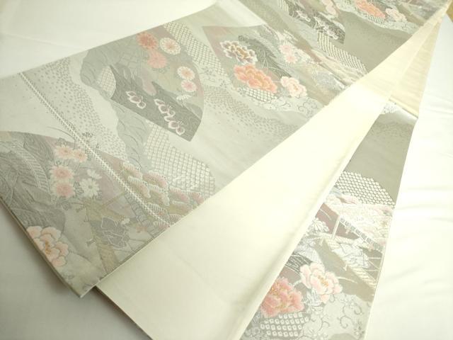 平和屋着物◎六通柄袋帯 風景花松文 金銀糸 正絹 逸品 DABH0088op