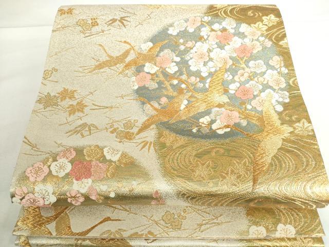平和屋着物◎六通柄袋帯 唐織 枝梅 飛鶴流水花文 金銀糸 正絹 逸品 DABH0101op