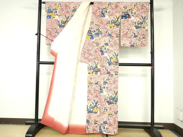 平和屋着物●上質な小紋 型染 杜若 カキツバタ 桔梗 鬼しぼ縮緬 正絹 逸品 DABH0142op