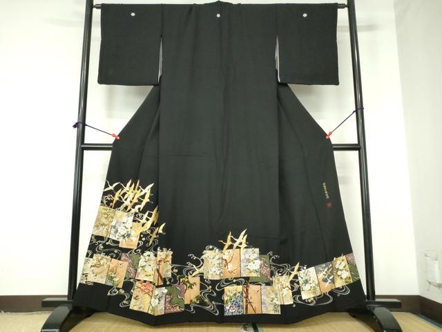 平和屋着物●世界的ファッションデザイナー 山本寛斎 kansaiブランド 黒留袖 駒刺繍 群鶴流水琳派図 金彩 正絹 逸品 DABH0158op