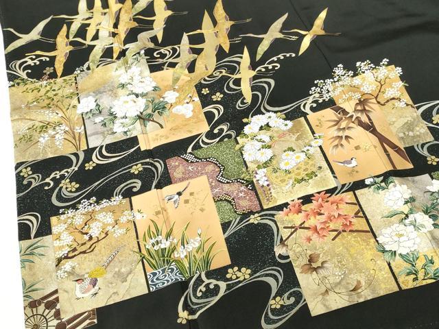平和屋着物●世界的ファッションデザイナー 山本寛斎 kansaiブランド 黒留袖 駒刺繍 群鶴流水琳派図 金彩 正絹 逸品 DABH0158op