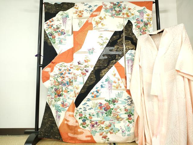 平和屋着物●豪華振袖・長襦袢セット(無双仕立て) 駒刺繍 絞り 鴛鴦花文 金彩 正絹 逸品 DABH0178op