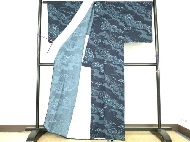 平和屋着物▽上質な小紋 単衣 藍 型染 菊唐草 正絹 逸品 DABH0182op