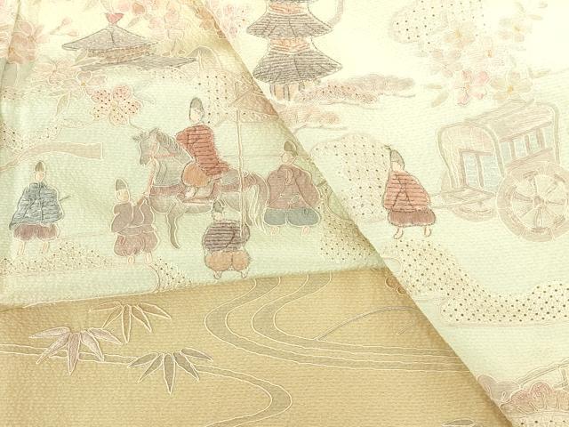 平和屋着物▽中国三大刺繍 スワトウ刺繍 汕頭刺繍 総刺繍 訪問着 単衣 人物風景花文 暈し染め 正絹 逸品 DABH0191op