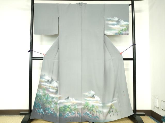 平和屋着物▽訪問着 単衣 作家物 手描き 重ね山樹林文 暈し染め 金彩 正絹 逸品 未使用 DABH0196op