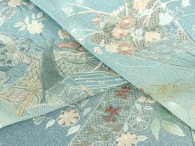 平和屋着物▽中国三大刺繍 スワトウ刺繍 汕頭刺繍 総刺繍 訪問着 単衣 人物花文 枝桜 暈し染め 金彩 正絹 逸品 DABH0197op