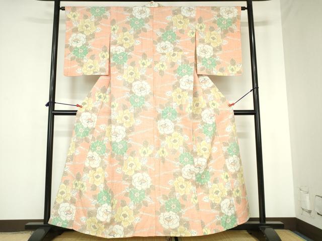 平和屋着物▽上質な紬 単衣 草花 正絹 逸品 DABH0201op