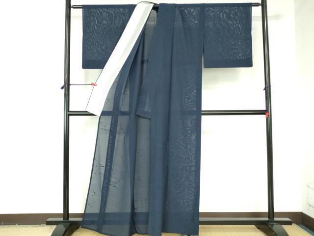平和屋着物*夏物 色無地 霞紋紗 濃藍色 正絹 逸品 DABH0239op