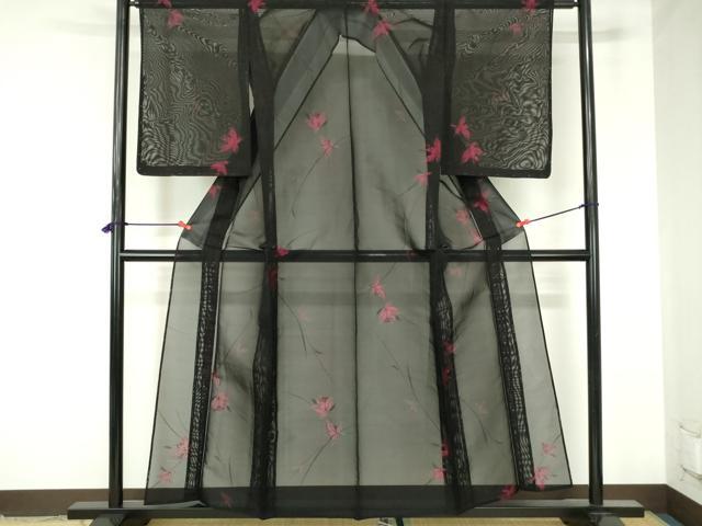 平和屋着物*夏物 小紋 紗 舞花 黒地 正絹 逸品 未使用 DABH0243op
