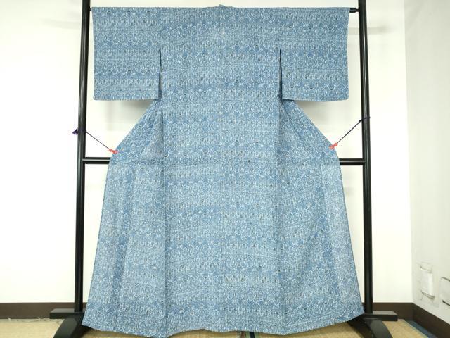 平和屋着物*夏物 小紋 絽 藍 型染 抽象花文 正絹 逸品 DABH0253op